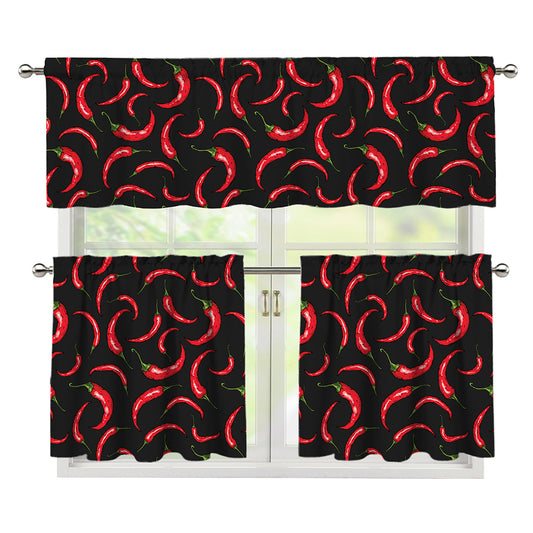 Red Chili Peppers Pattern Print 3 Piece Kitchen Curtains