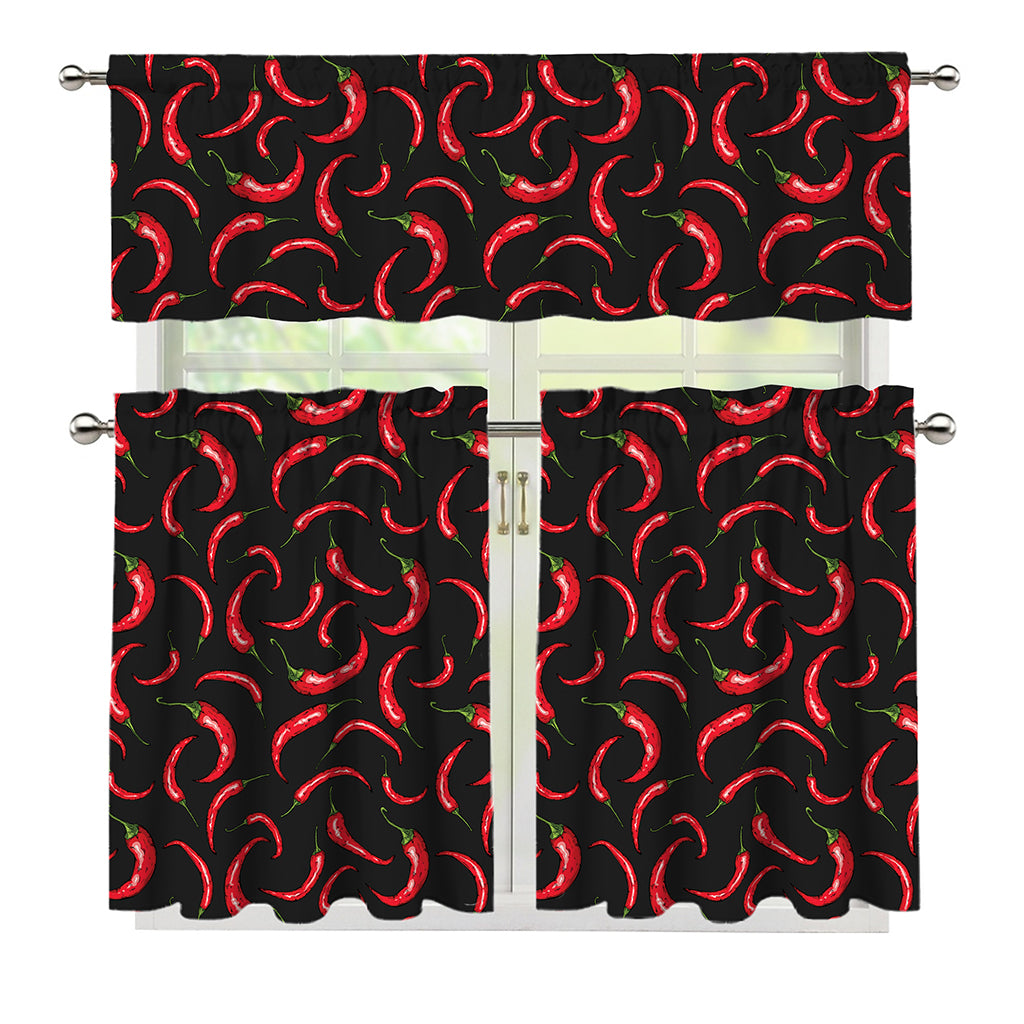 Red Chili Peppers Pattern Print 3 Piece Kitchen Curtains