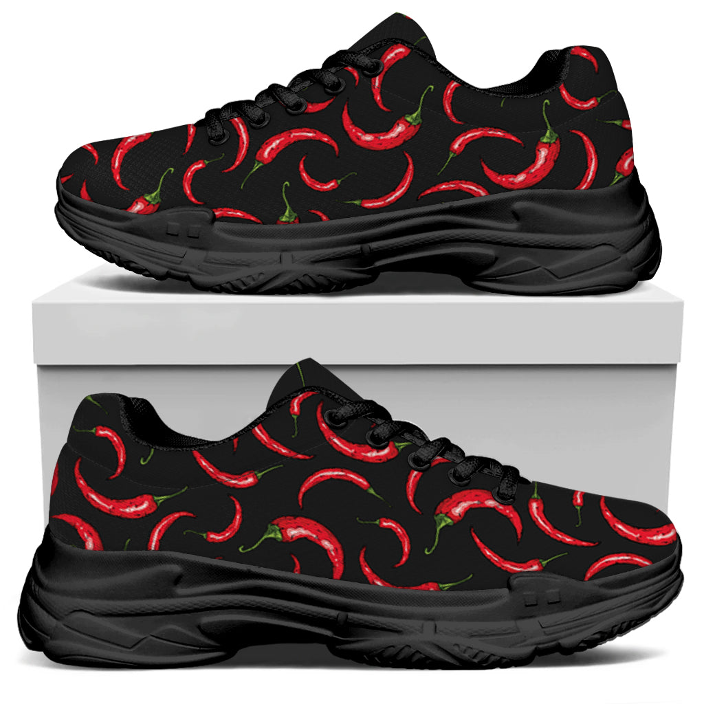Red Chili Peppers Pattern Print Black Chunky Shoes