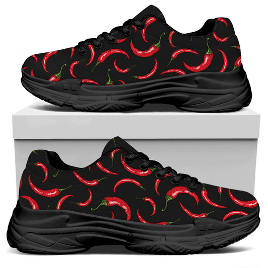 Red Chili Peppers Pattern Print Black Chunky Shoes