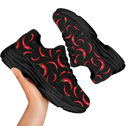 Red Chili Peppers Pattern Print Black Chunky Shoes