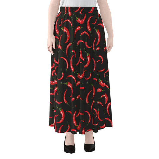 Red Chili Peppers Pattern Print Chiffon Maxi Skirt