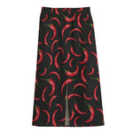 Red Chili Peppers Pattern Print Cotton Front Slit Maxi Skirt