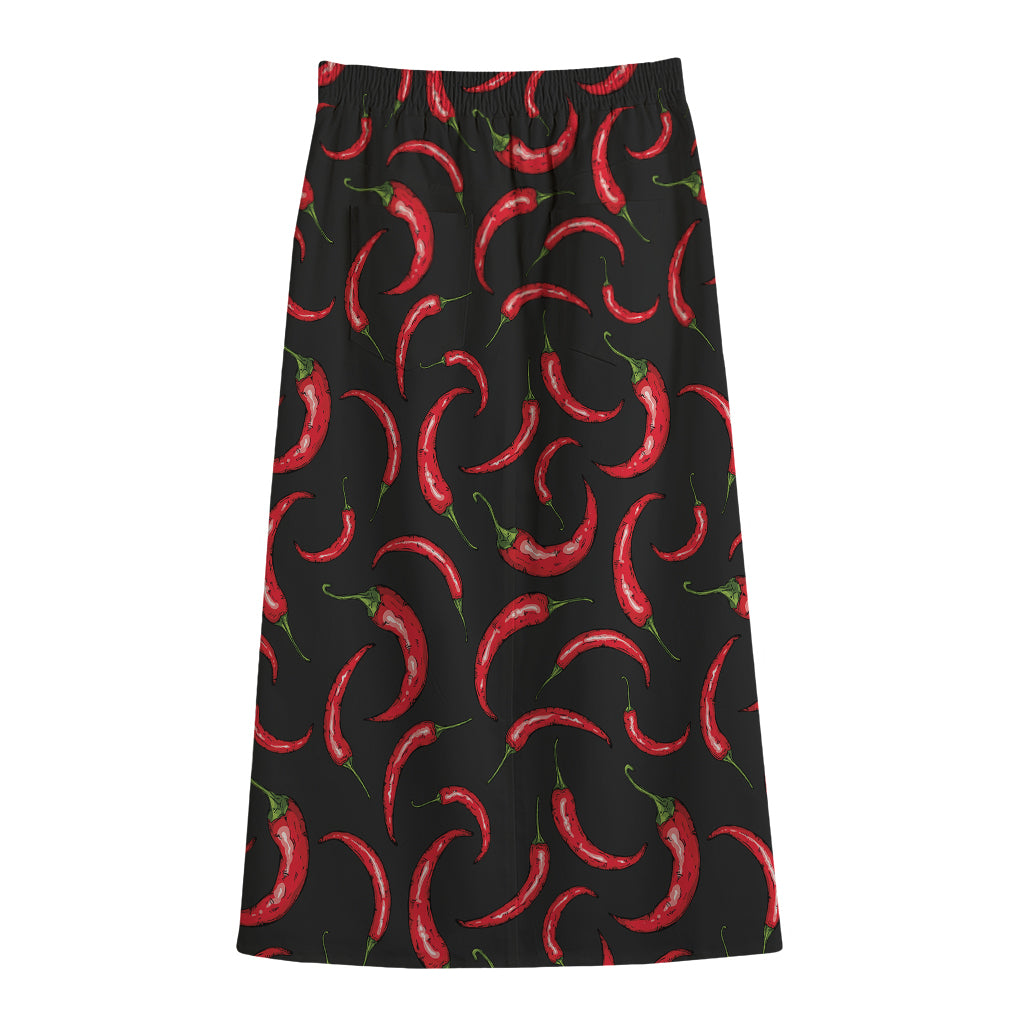 Red Chili Peppers Pattern Print Cotton Front Slit Maxi Skirt