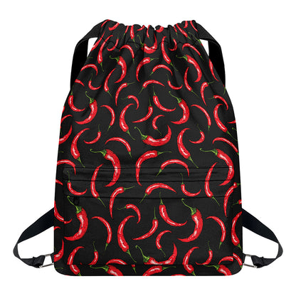 Red Chili Peppers Pattern Print Drawstring Backpack