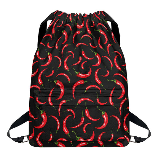 Red Chili Peppers Pattern Print Drawstring Backpack