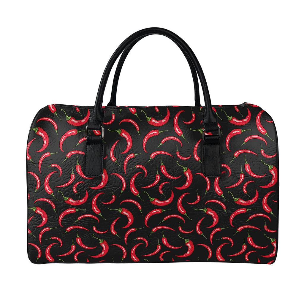 Red Chili Peppers Pattern Print Leather Duffle Bag