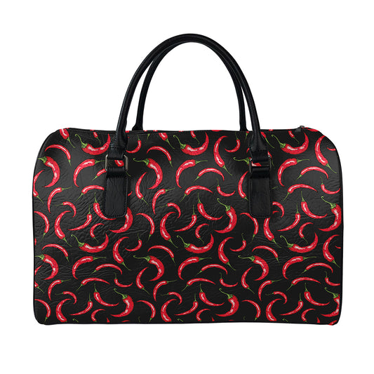 Red Chili Peppers Pattern Print Leather Duffle Bag
