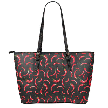 Red Chili Peppers Pattern Print Leather Tote Bag