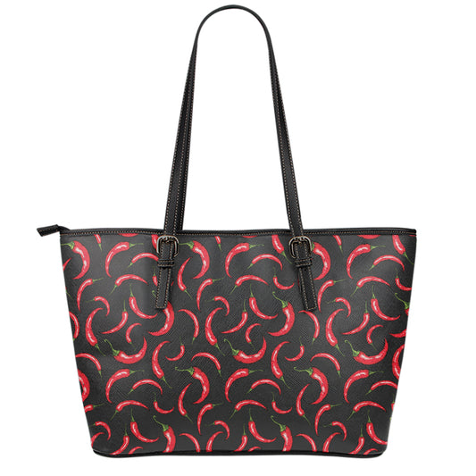 Red Chili Peppers Pattern Print Leather Tote Bag