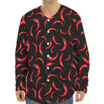 Red Chili Peppers Pattern Print Long Sleeve Baseball Jersey