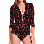 Red Chili Peppers Pattern Print Long Sleeve Swimsuit