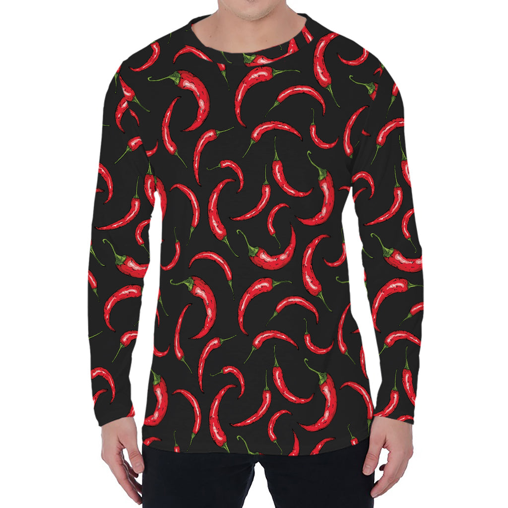Red Chili Peppers Pattern Print Men's Long Sleeve T-Shirt