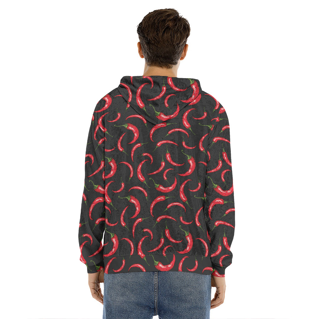 Red Chili Peppers Pattern Print Men's Velvet Pullover Hoodie