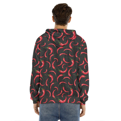 Red Chili Peppers Pattern Print Men's Velvet Pullover Hoodie