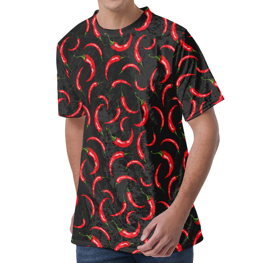 Red Chili Peppers Pattern Print Men's Velvet T-Shirt