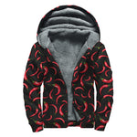 Red Chili Peppers Pattern Print Sherpa Lined Zip Up Hoodie