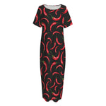 Red Chili Peppers Pattern Print Short Sleeve Long Nightdress