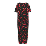 Red Chili Peppers Pattern Print Short Sleeve Long Nightdress