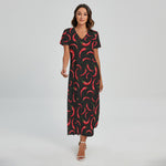 Red Chili Peppers Pattern Print Short Sleeve Maxi Dress