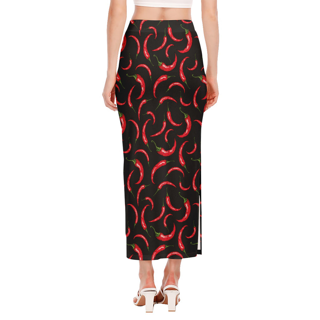 Red Chili Peppers Pattern Print Side Slit Maxi Skirt