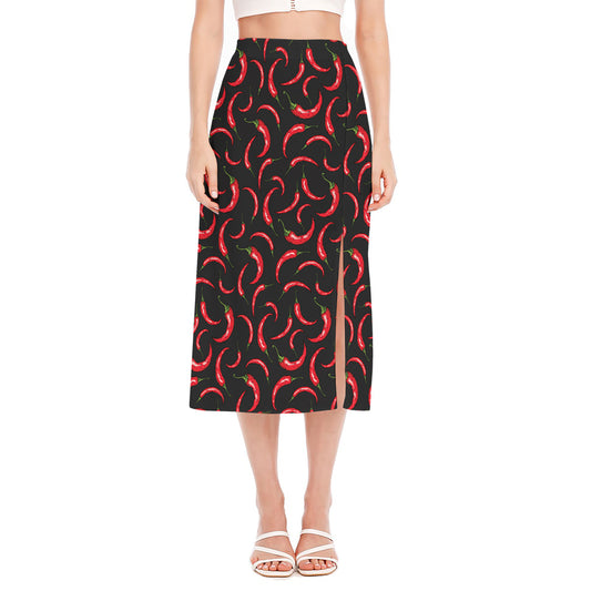Red Chili Peppers Pattern Print Side Slit Midi Skirt