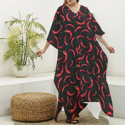 Red Chili Peppers Pattern Print Silk V-Neck Kaftan Dress