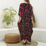 Red Chili Peppers Pattern Print Silk V-Neck Kaftan Dress