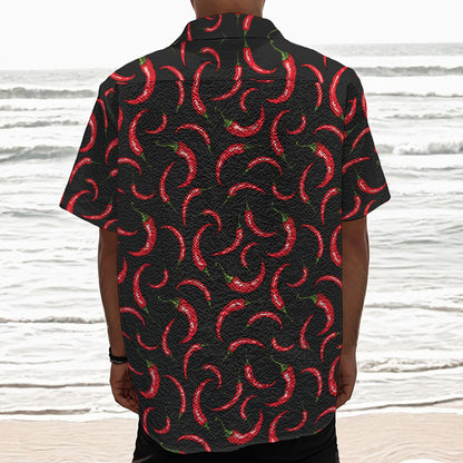 Red Chili Peppers Pattern Print Textured Short Sleeve Shirt