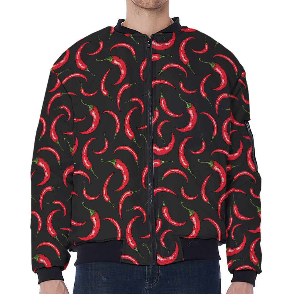Red Chili Peppers Pattern Print Zip Sleeve Bomber Jacket