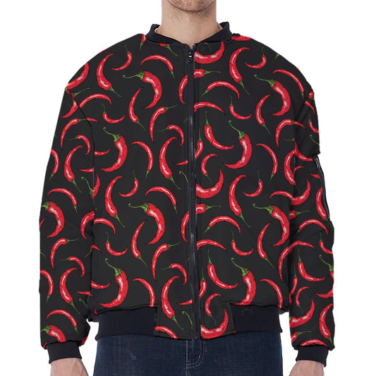 Red Chili Peppers Pattern Print Zip Sleeve Bomber Jacket