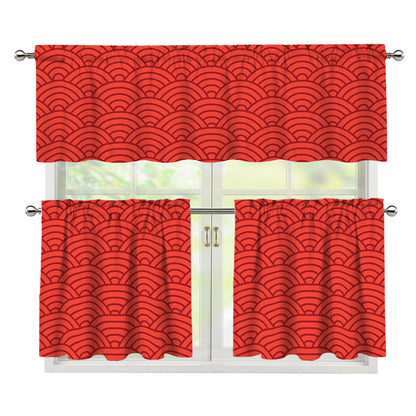 Red Chinese Pattern Print 3 Piece Kitchen Curtains