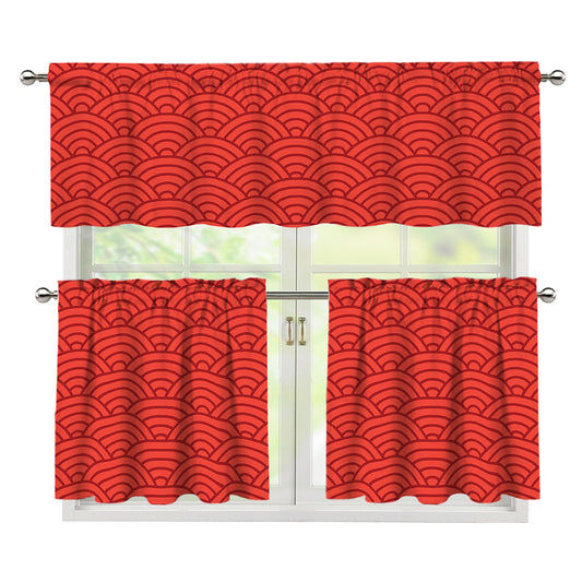 Red Chinese Pattern Print 3 Piece Kitchen Curtains