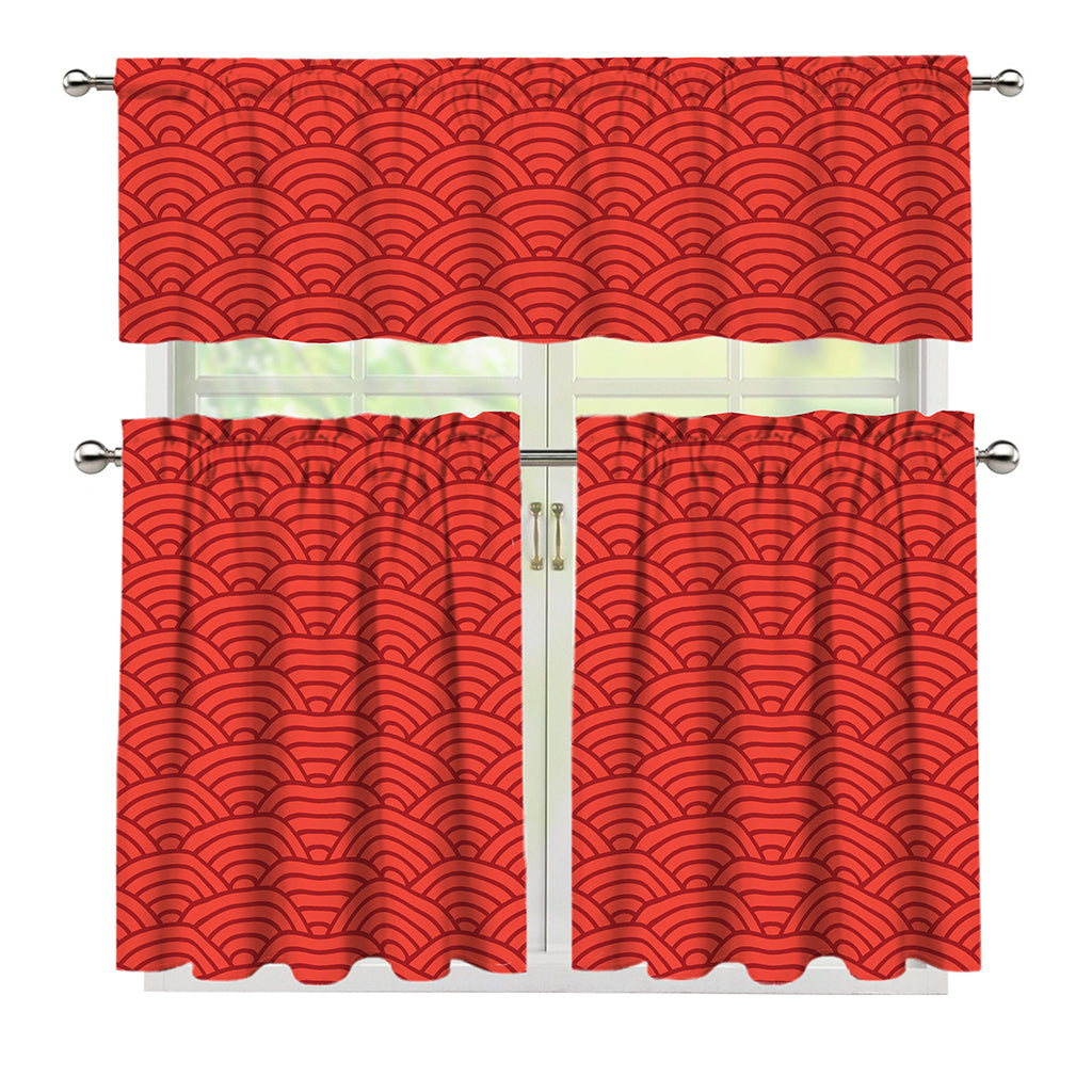 Red Chinese Pattern Print 3 Piece Kitchen Curtains