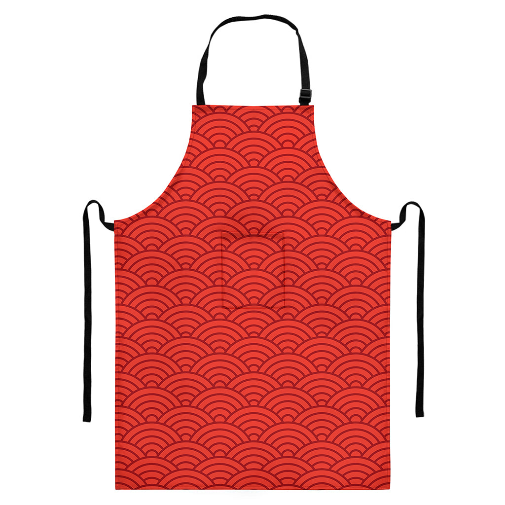 Red Chinese Pattern Print Bib Apron With Pocket