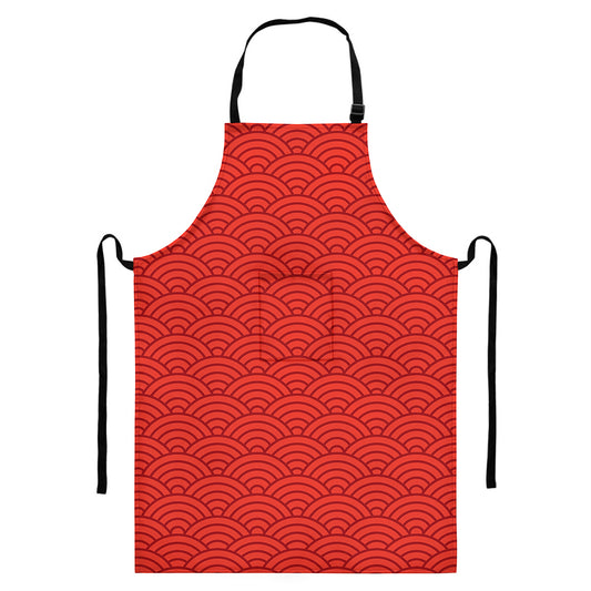 Red Chinese Pattern Print Bib Apron With Pocket