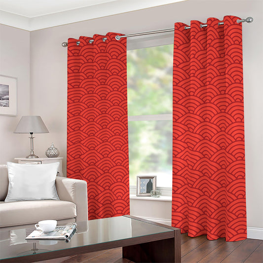Red Chinese Pattern Print Blackout Grommet Curtains