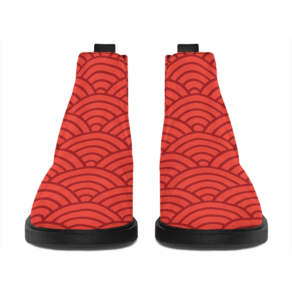 Red Chinese Pattern Print Flat Ankle Boots