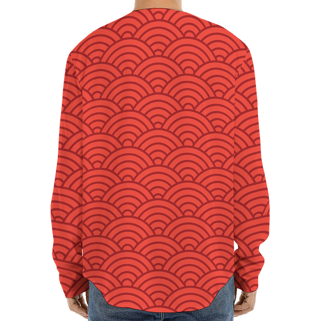 Red Chinese Pattern Print Long Sleeve Baseball Jersey