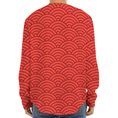 Red Chinese Pattern Print Long Sleeve Baseball Jersey