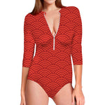 Red Chinese Pattern Print Long Sleeve Swimsuit