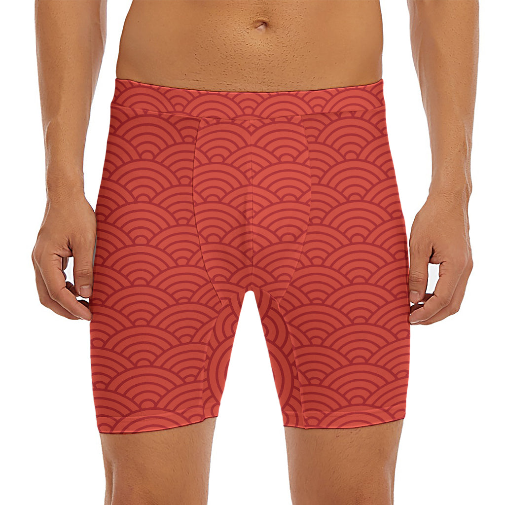 Red Chinese Pattern Print Men's Long Boxer Briefs