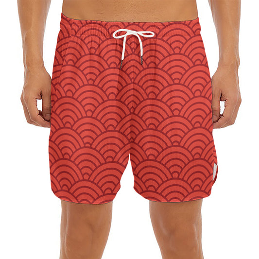 Red Chinese Pattern Print Men's Split Running Shorts