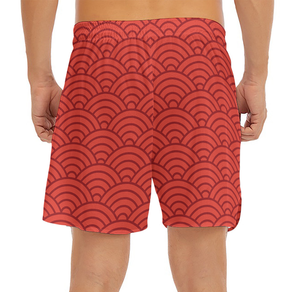 Red Chinese Pattern Print Men's Split Running Shorts