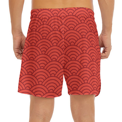 Red Chinese Pattern Print Men's Split Running Shorts