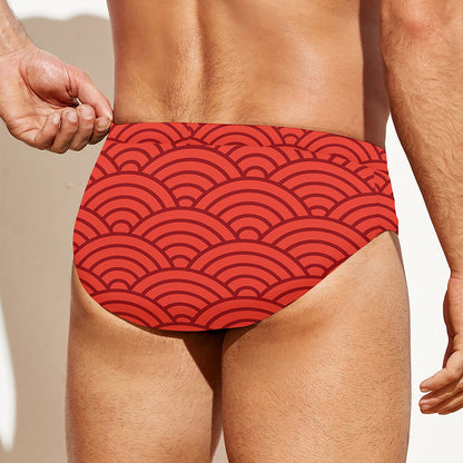 Red Chinese Pattern Print Men's Swim Briefs