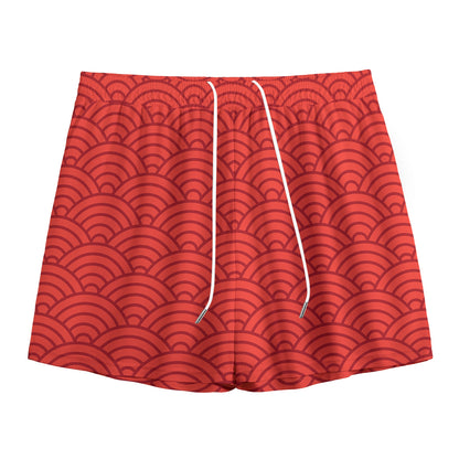 Red Chinese Pattern Print Mesh Shorts