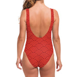 Red Chinese Pattern Print One Piece Swimsuit