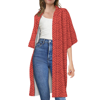 Red Chinese Pattern Print Open Front Beach Cover Up