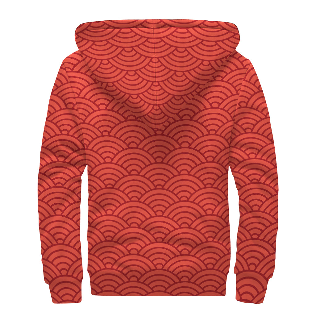 Red Chinese Pattern Print Sherpa Lined Zip Up Hoodie